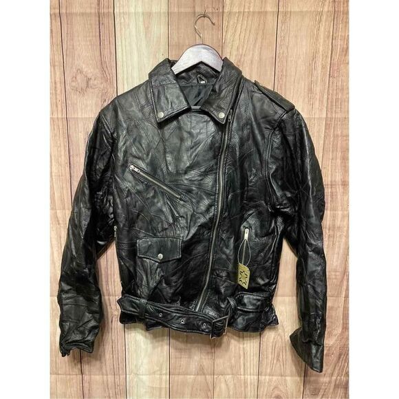 Leather jacket womans Large black biker Moto eagle god bless America NWT - Picture 2 of 12